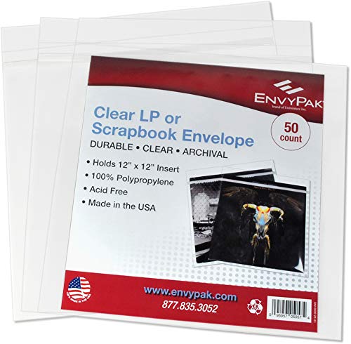 EnvyPak 12" LP Record Vinyl Album Protective Sleeve/Cover with Resealable Closure/Flap- Superior Record Protection - Made in The USA - 12 3/4" x 12 1/2" - Pack of 50 Protective Sleeves