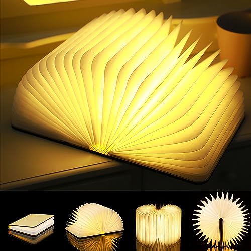 LOVUMMOR Book Lamp Folding Mood Light, Novelty LED Book-Shaped Night Light, USB Rechargeable Wooden Bedside Table Lamp, Soft Nighttime Lighting/Decor, Book Lovers Christmas Birthday Gift