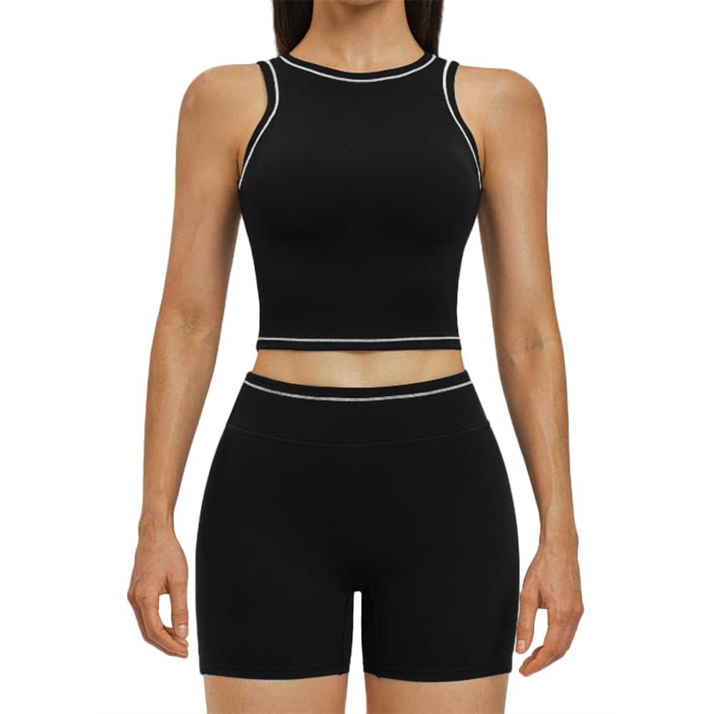 Jpxjgt Women's Black Breathable Lightweight 2-Piece Sports Set Tight-Fitting Slimming Solid Yoga Outfit (Size:l,Color:black)