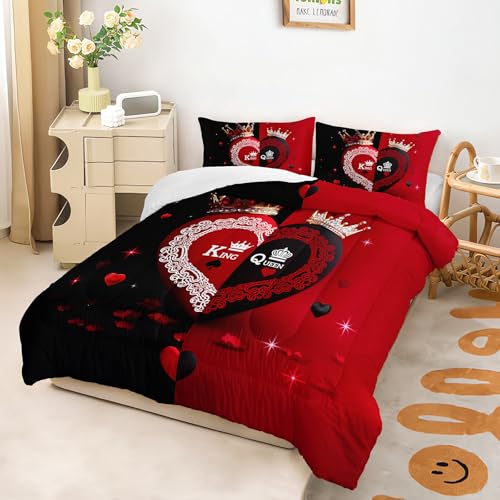 Image of AILONEN Romantic Crown Heart Comforter Full Size with 2 Pillowcases,King and Queen Bedding Set 3Pcs for Women Men,Red and Black Luxury Quilt Set for Home Decor