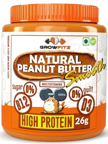 Image of Growfitz Natural Peanut Butter Smooth 800g | 26g High Protein | Unsweetened, 100% Roasted Peanuts | Nut Butter Spread for Workout | No Sugar, No Palm Oil, Gluten & Cholesterol Free (Pack of 1)