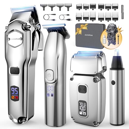Jack & Rose Haarschneidemaschine Set 4 in 1 kabelloser Haarschneider und Trimmer IPX7 Wasserdicht elektrisches Präzision Shaver & Nasenhaar-Trimmer für Herren USB Wiederaufladbar