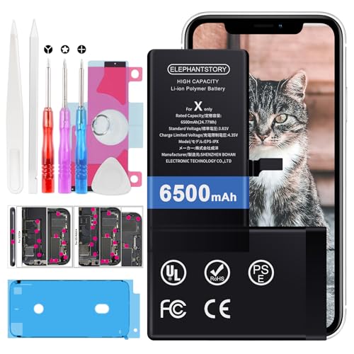 Elephantstory Akku für iPhone X 6500 mAh Hohe Kapazität Ersatzakku Lithium Polymer Akku mit Reparatur Werkzeugsatz und Anleitung Buch