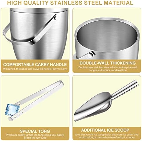 Ice Bucket, Cosicosy Ice Bucket for Home Bar 2.8L Stainless Steel Double Wall Bar Ice Bucket Set with Lid, Tongs, Scoop and Strainer Keeps Ice Cold & Dry Great for Bar, Party, Champagne, Beer and Wine