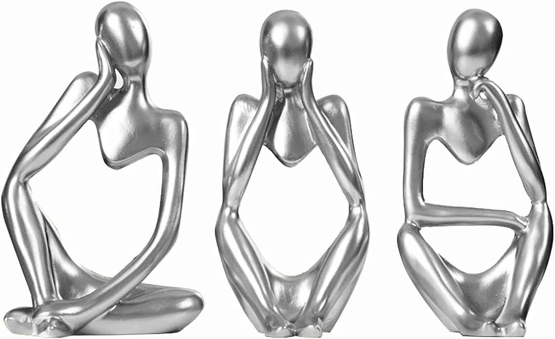 Silver Sculpture 3 Pcs Thinker Statue Set - Abstract Sculptures Home Decor Modern Small Silver Statues for Bookshelf Coffee Table Shelf Desktop Office Decor Collectible Figurines