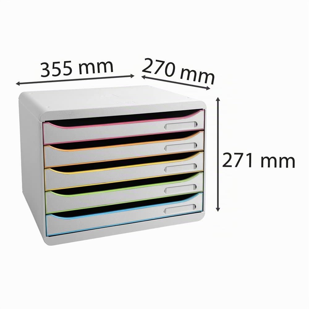 Exacompta - Ref. 308913D - BIG-BOX PLUS HORIZON - Caja de 5 cajones para documentos A4+ - Dimensiones exteriores: profundidad 27 x ancho 35,5 x altura 27,1 cm - Blanco/Arlequin/Blanco