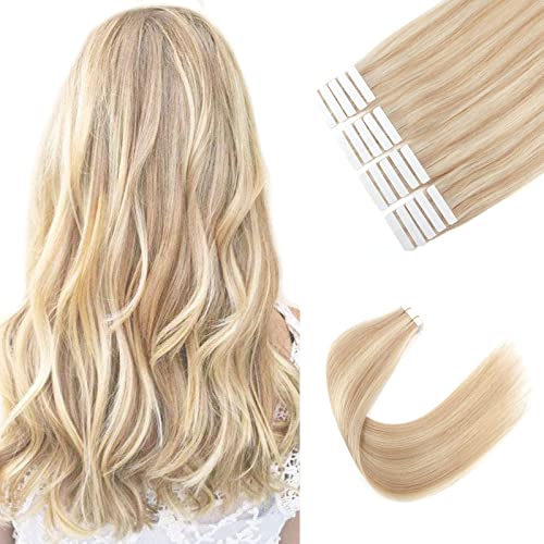 Image of Sixstarhair Highlight Blonde Tape in Hair Extensions Human Hair Tape Extensions Dark Dirty Blonde Mixed with Ash Blonde P12-60 Remy Human Hair Premium Hair Extensions [Color P12-60 22inch]