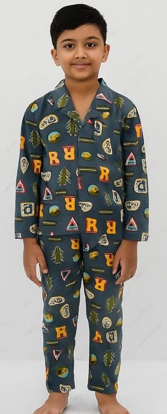 Image of TONY & JONY Summer Casual Wear Self Design Cartoons Printed Full Sleeve 100% Pure Cotton Kid's Top Bottom Set /Night Suit