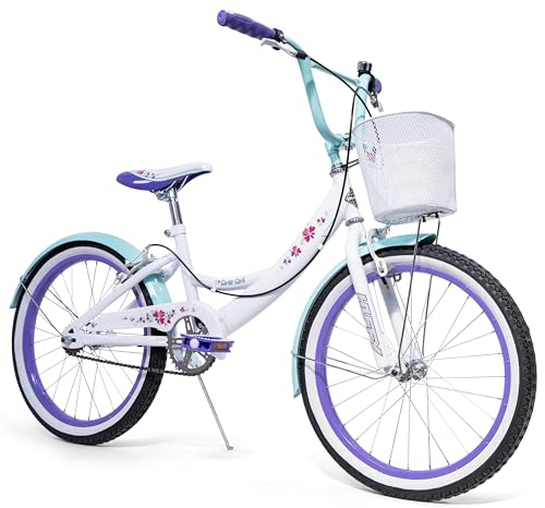Huffy Girly Girl 20-Inch Cruiser Bike, Basket, Bell, Mudguards, Adjustable Comfort Saddle, Upright Handlebars, Single-Speed, Dual Brakes, Stylish Girls’ Bike for Ages 5-9, White & Sea Crystal