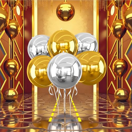 Image of 6Pcs 22 inch Silver Gold Metallic Ball Balloons 4D Large Foil Balloons for 70s Disco Party Birthday Decorations