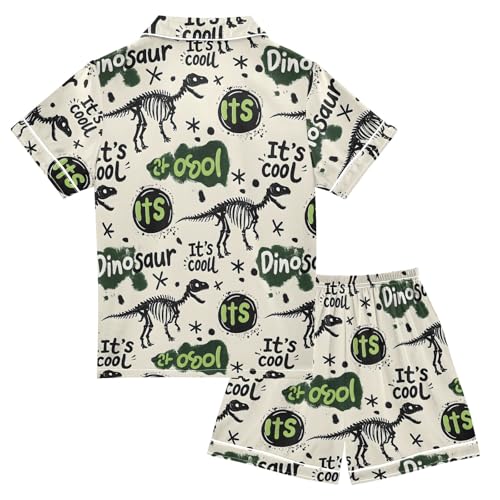 Dinosaur Skull Pattern Summer Satin Pajama Set, Cute Button-Down Sleepwear Pj Set for Sleep Wears2