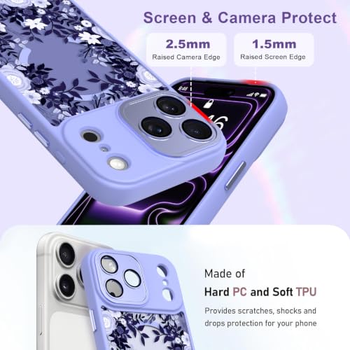 Image of Magnetic for iPhone 17 Pro Case for Women Girls, Purple Floral | Cute Flower Pattern Design [Compatible with MagSafe] [Full Camera Protection] Slim Shockproof Translucent Matte Cover