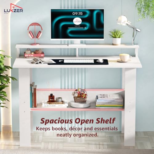 Image of Lukzer Study Table with Monitor Riser & Open Book Shelf (MST-004 /White) Engineered Wood Computer Table for Laptop, PC & Home Office, DIY Office Desk with Storage Organizer Shelf (90 x 86 x 50 cm)