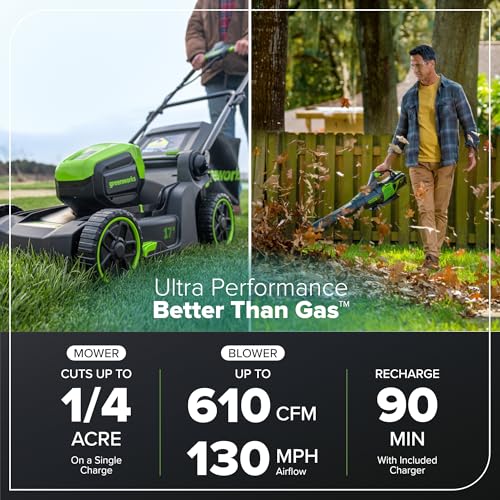 Image of Greenworks 60V 17 inch Brushless (Push) Mower + 60V (610 CFM) Brushless Blower, 4.0Ah Battery and 3A Charger