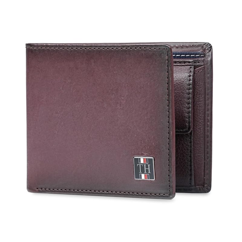 Image of Tommy Hilfiger Men's Leather Global Coin Wallet Gistel - Wine | Slim Bifold with 4 Card Slots, 2 Bill CompartMen'sts & 6-Month Warranty | Stylish Purse for Men's