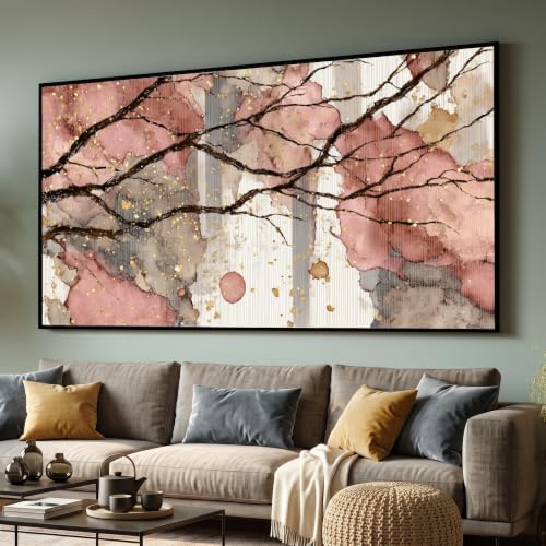 TONGYINLI Cuadro abstracto de flores de cerezo en lienzo, diseño de ramas florales en rosa y dorado, pintura decorativa inspirada en la naturaleza, lámina para sala de estar (45x80cm/sin marco)