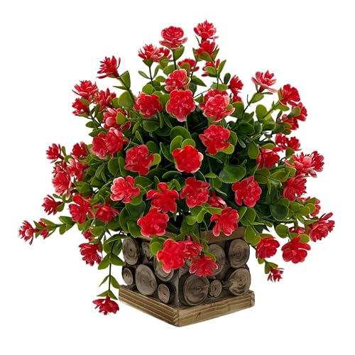Image of Tdas Artificial Flower Plants Leaves Wooden Potted Eucalyptus Flowers Home Decor Greenery Small Faux with Pot for Indoor Shelf Desk Bathroom Bedroom Office Decoration (Red)