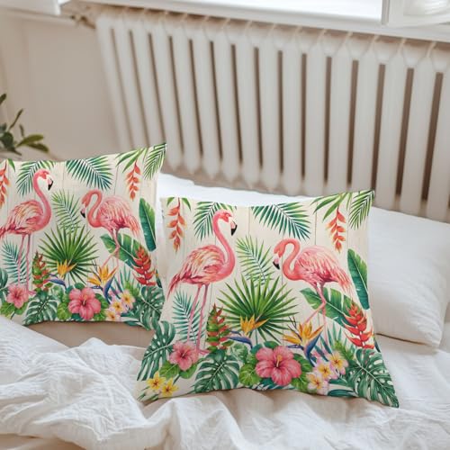 Outdoor Throw Pillow Cases Summer Flamingo Flower Leaf ,Waterproof Pillow