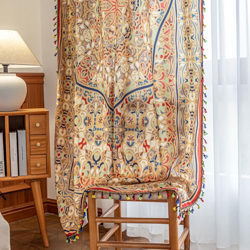 Image of Gold Medallion Curtains 72 Inches Long, Boho Farmhouse Light Filtering Rod Pocket Drapes with Tassel Trim for Bedroom Living Room, 2 Panels