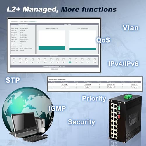 Image of Industrial L2+ Managed 16 Port PoE Ethernet Switch, Gigabit Networking Switch with IPv4 /IPv6 Management and DIP Switch, Supporting Din-Rail