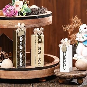 3 pcs easter table decor happy easter block sign easter tiered tray decor rustic farmhouse wooden tabletop centerpieces wood bunny decor for spring decorations home kitchen shelf office  urban country home decor