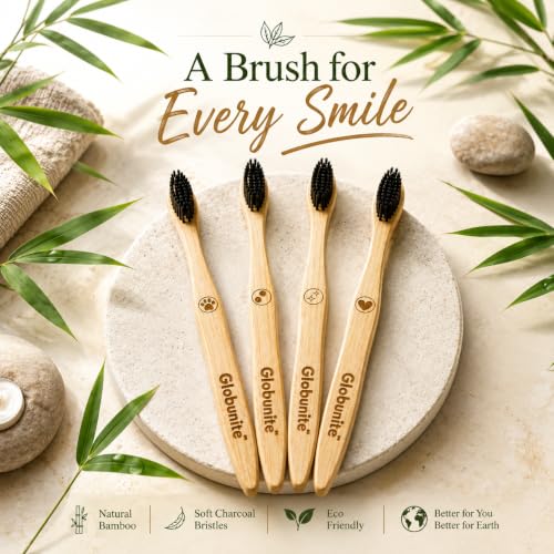 Image of Eco Friendly Bamboo Toothbrush for Adults Pack of 4 Soft Bristle Charcoal Plastic Free Sustainable Organic brush for Natural Oral Care