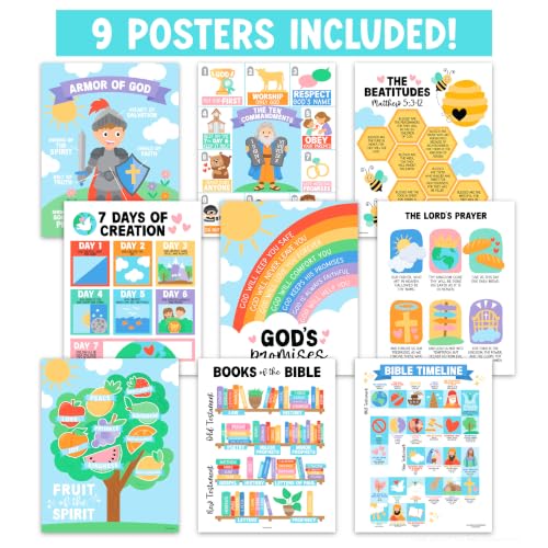Image of Hadley Designs Sunday School Decorations for Classroom -9 Bible Posters for Kids, Books of the Bible, 10 Commandments, Bible Timeline Chart, Fruits of the Spirit, Pastel Christian Classroom Decor