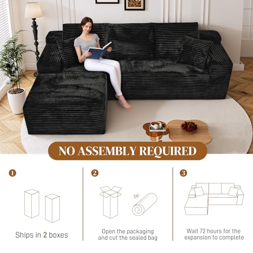Image of 108 inch L Shaped Boneless Sectional Couches for Living Room, Wide Armrest, Deep Seat, Memory Foam, Assembly Free, Modern Comfy Corduroy Fluffy Cloud Sofa with Left Chaise, Black