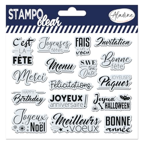 Aladine - 16 Tampons Évènements - Joyeux Anniversaire, Joyeux, Merci, Bonnes Fêtes, Invitation - Stampo Clear - Tampons Transparents Scrapbooking, Carterie...