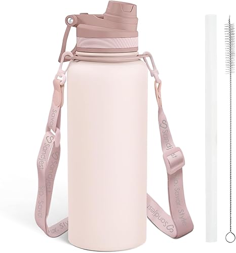 Miniatura 19 de SANDJEST Botella de agua de acero inoxidable con correa de 32 onzas, botellas aisladas con popote y tapa de boquilla para gimnasio, deportes, viajes