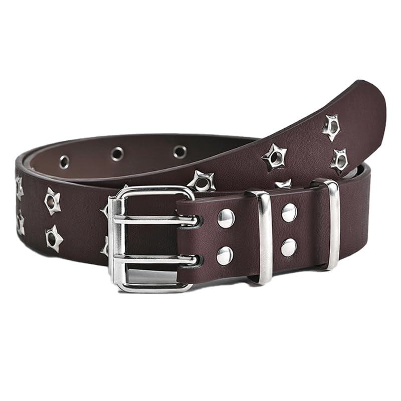 COTIM COYIN Women's Punk Studded Leather Belt with Detachable Chain Punk Belt, Double Grommet Stars Adjustable Waist Belt