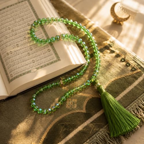 Image of Islamic Salat Prayer Tasbih - 100 Crystal White Beads - Tasbeeh for Dhikr, Zikr, and Meditation (Green)