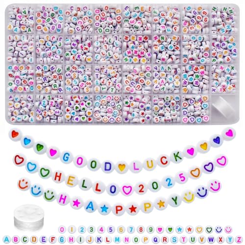 Image of Looconi 1600pcs Colorful Letter, Star, Heart, Number, Smiley Face Beads and Elastic String 7x4mm Alphabet Beads 31 Styles for Jewelry Making