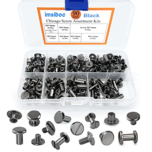 90 Sets Chicago Screws Assorted Kit, 6 Sizes Of Round Flat Head Leather Rivets Metal Screw Studs For Diy Leather Craft And Bookbinding (M5 X 4, 5, 6, 8, 10, 12) (Black) #TOP6