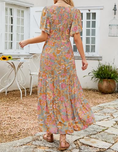 ZESICA Women's 2025 Summer Casual Floral Print Short Flutter Sleeve Crew Neck Smocked High Waist Flowy Maxi Dress3
