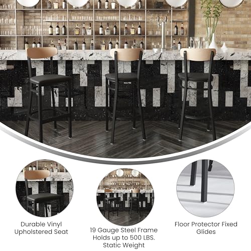 Image of Flash Furniture Wright Commercial Barstool - Natural Birch Finish Wood Boomerang Back - Black Vinyl Seat - 500 LB. Capacity Black Steel Frame - Integrated Footrest