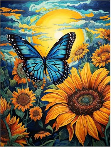 Qijinn Pintar por Numeros Adultos,con Marco Mariposa girasol DIY Kit de Pintura Al óLeo de Lienzo con 3 Pinceles,Pigmento Acrílico Manualidades Hogar Decoración Paint by Numbers 20x30 cm