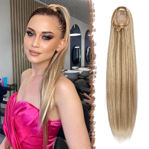 FESHFEN Coleta Postiza Pelo Liso, 70 cm Cola de Caballo Extension Cordón Larga Lisa Extensión Pelo Coleta Sintética Ponytail Drawstring Extensiones Postizos para Mujeres, Rubio Mixto