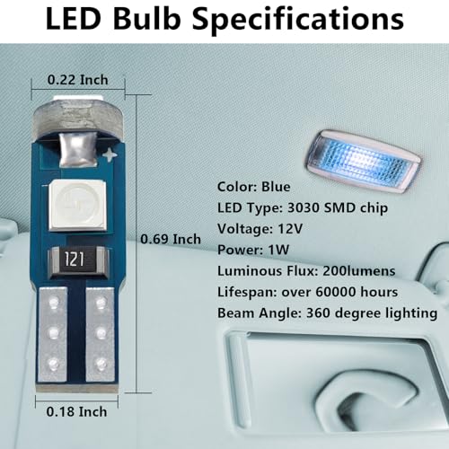 Image of ecocstm 12 PCS T5 LED Bulbs, 74 73 37 2721 Instrument Cluster Light Bulb, 12 Volt Bright Canbus Error Free LED Dashboard Light Bulb, 3030 SMD Automotive Replacement Bulbs (Blue)