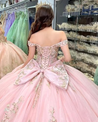 Mauuwy Gold Appliques Quinceanera Dress Ball Gown Beaded Bow 15 Years Dress Quinceañera Off Shoulder Vestidos De 15 Años4