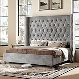 PaPaJet Queen Size Bed Frame with 61.4' Tall Headboard, Velvet Upholstered Platform and Handmade Deep Button Tufting, No Box Spring Required, Grey