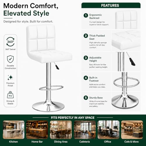 Image of Kemon KaiMeng Modern Adjustable Swivel Bar Stool Chair with Backrest, PU Leather Hydraulic Counter Stool with Footrest for Kitchen Island, Cafe & Home Bar, White, Square Tufted Back Stool