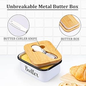 LANDNEOO Butter Dish with Lid and Butter Curler Knife - Unbreakable Stainless Steel Keeper Container with Double Silicone Sealing, for Kitchen Farmhouse Decor LANDNEOO Butter Dish with Lid and Butter Curler Knife Unbreakable Stainless Steel Keeper Container with Double Silicone Sealing for Kitchen Farmhouse Decor