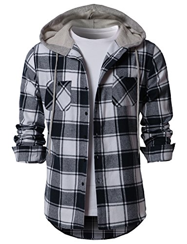 H2H Men's Long Sleeve Quilted Lined Flannel Shirt Jacket with Hood Navy US XL/Asia 2XL (CMOJA0105)