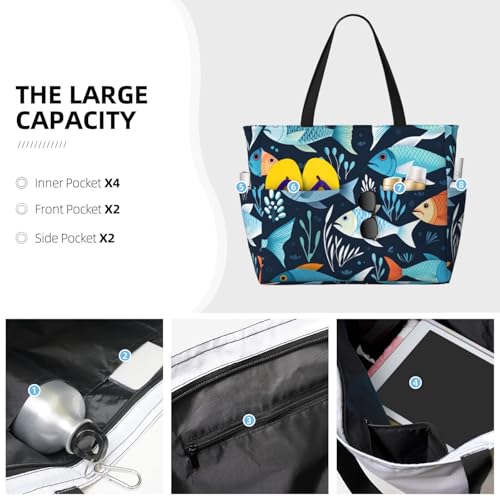 Fishes Pattern Beach Bags For Women Large Waterproof Sandproof Beach Tote Bag Pool Bag Lightweight Zipper Carry On Bag For Gym Travel Vocation3