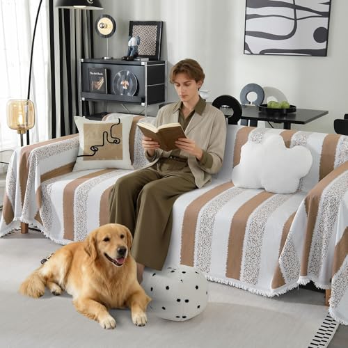 VFGFDJNDFX Funda Sofa 5 Plazas con Borlas, Reversible Fundas De Sofa Anti Gatos Antideslizante Manta Cubre Sofa Protector Foulard Sofa Antipelos Mascotas (Boho - Beige, 480 * 180cm)