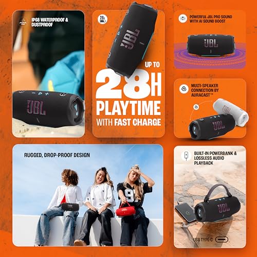 Image of JBL Charge 6, Powerful Pro Sound with AI Sound Boost Wireless Portable Bluetooth Speaker,28 Hrs Playtime, Auracast Multi-Speaker Connection, Built in Power Bank, IP68 Waterproof Black & Orange