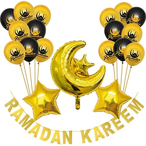 BrainGiggles Ramadan Kareem Banner and Balloon Set -Black and Gold Eid Decorations - 20 Pcs Cardstock Banner, Foil & Latex Balloons Décor for Eid & Ramadan Mubarak Party Decorations