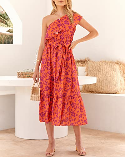 BTFBM Women's One Shoulder Maxi Dress Sleeveless Casual Summer Layered Ruffle Boho Floral Print Party Beach A-Line Dresses2