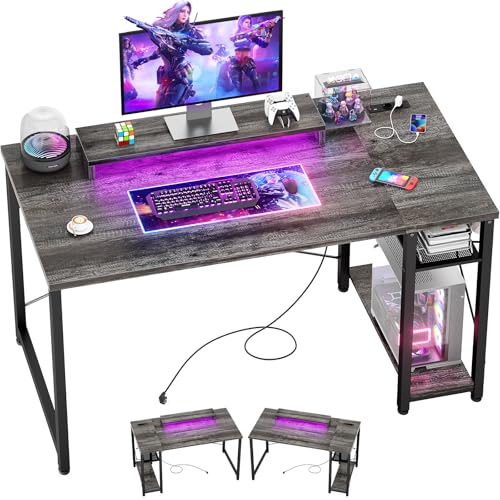 iSunirm Bureau Gaming 100x50x75 cm avec LED RGB et Prises USB/Secteur Bureau Gamer- Bureau PC avec Rangement, Plateau Réversible pour Gaming, Télétravail et Étude PC...